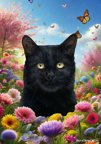 Shorthair Black Cat - Best of Breed  Spring Butterflies Outdoor House and Garden Flag