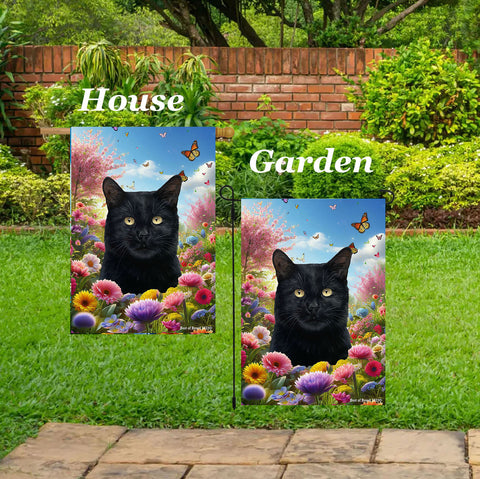 Shorthair Black Cat - Best of Breed  Spring Butterflies Outdoor House and Garden Flag