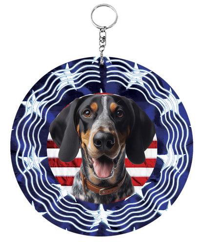 Blue Tick  Coonhound - Best of Breed  Stars and Stripes Aluminum 10" Wind Spinner
