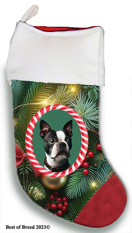 Boston Terrier - Best of Breed  Christmas Stocking 13.5"  Red Gaming Cloth with Red Lining ,Plush White Cuff