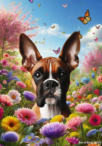 Boxer Fawn Cropped - Best of Breed  Spring Butterflies Outdoor House and Garden Flag