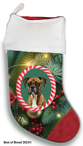 Boxer Fawn Uncropped - Best of Breed  Christmas Stocking 13.5"  Red Gaming Cloth with Red Lining ,Plush White Cuff