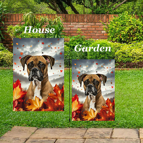 Boxer Fawn Uncropped - Best of Breed  Fall Leaves Outdoor House and Garden Flag