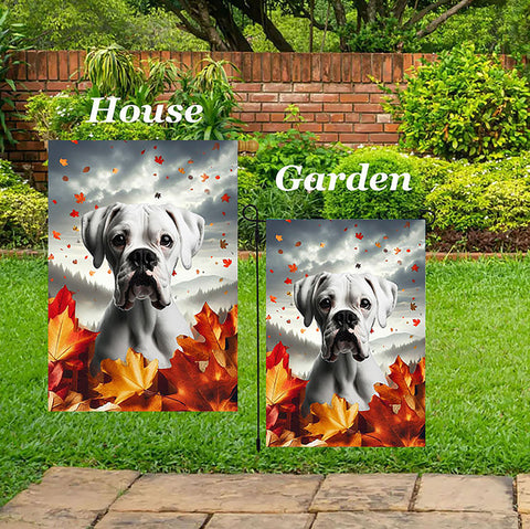 Boxer White Uncropped - Best of Breed  Fall Leaves Outdoor House and Garden Flag