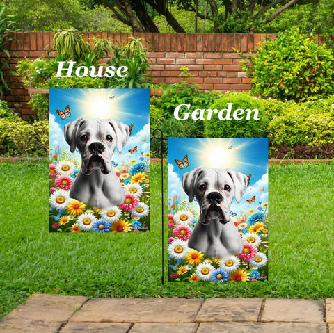 Boxer White Uncropped - Best of Breed  Summer Butterflies Outdoor House and Garden Flag