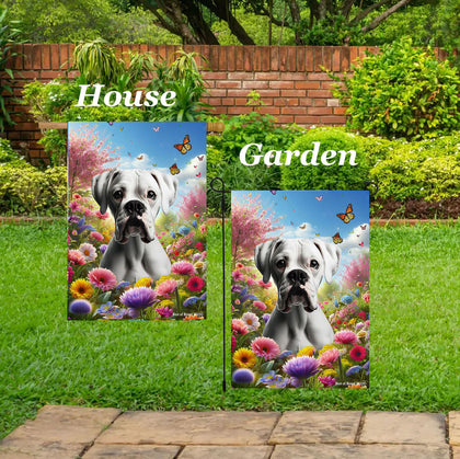 Boxer White Uncropped - Best of Breed  Spring Butterflies Outdoor House and Garden Flag