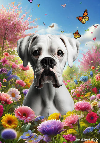 Boxer White Uncropped - Best of Breed  Spring Butterflies Outdoor House and Garden Flag