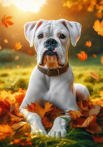 Boxer White Uncropped - Best of Breed DCR Falling Leaves Outdoor Flag