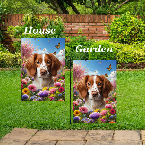Brittany Spaniel - Best of Breed  Spring Butterflies Outdoor House and Garden Flag