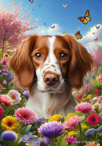 Brittany Spaniel - Best of Breed  Spring Butterflies Outdoor House and Garden Flag