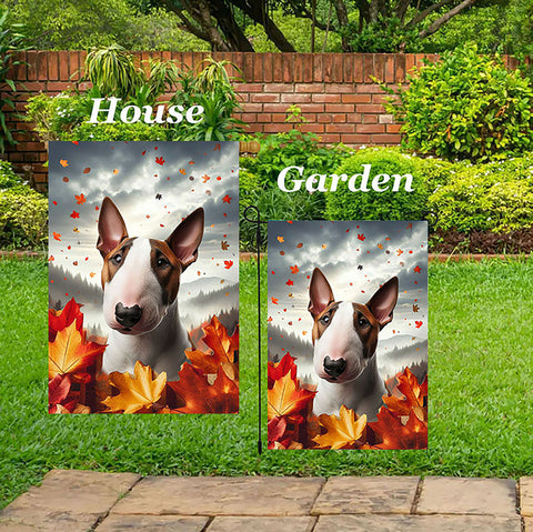 Bull Terrier Brown/White - Best of Breed  Fall Leaves Outdoor House and Garden Flag
