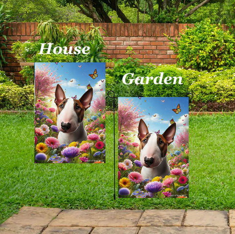 Bull Terrier Brown/White - Best of Breed  Spring Butterflies Outdoor House and Garden Flag
