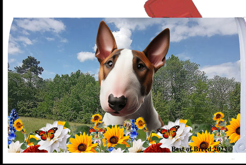 Bull Terrier Brown/White - Best of Breed Summer Flowers Mailbox Cover Hi-Grade Vinyl 6" x 19"