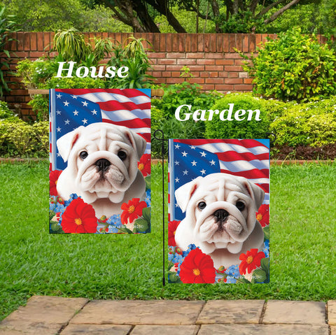Bulldog White - Best of Breed  Patriotic I All-American Outdoor House and Garden Flag ..