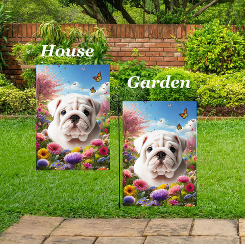 Bulldog White - Best of Breed  Spring Butterflies Outdoor House and Garden Flag ..