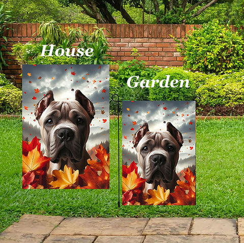 Cane Corso Fawn Cropped - Best of Breed  Fall Leaves Outdoor House and Garden Flag