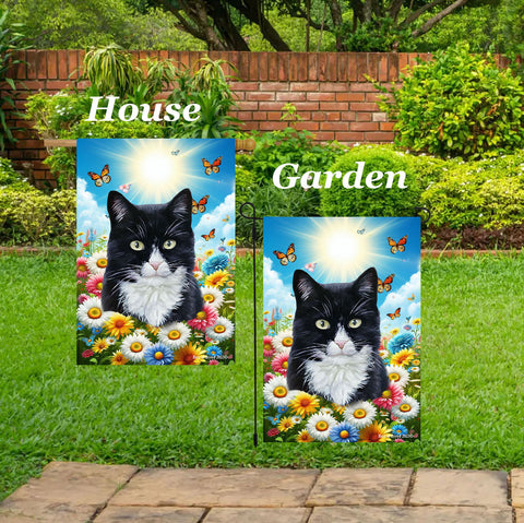 Tuxedo Cat - Best of Breed  Summer Butterflies Outdoor House and Garden Flag