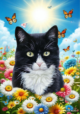 Tuxedo Cat - Best of Breed  Summer Butterflies Outdoor House and Garden Flag