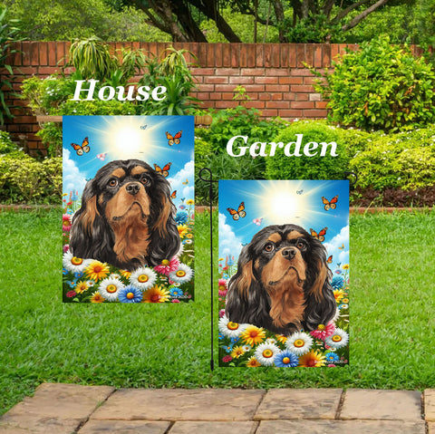 Cavalier King Charles Black/Tan - Best of Breed  Summer Butterflies Outdoor House and Garden Flag