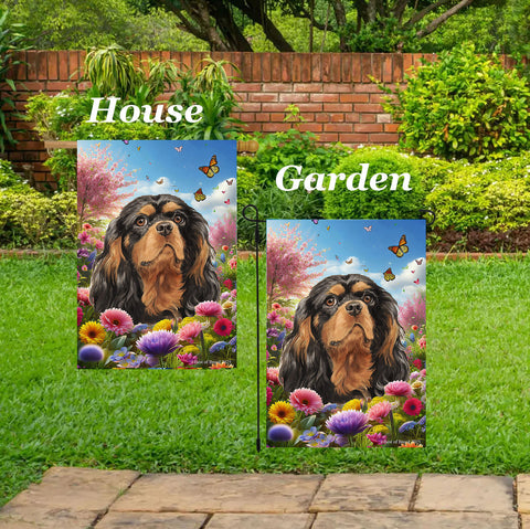 Cavalier King Charles Black/Tan - Best of Breed  Spring Butterflies Outdoor House and Garden Flag