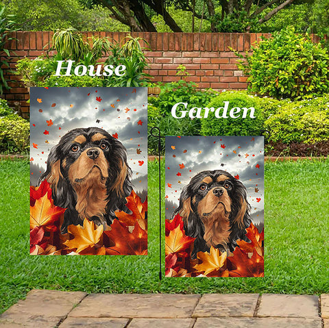 Cavalier King Charles Black/Tan - Best of Breed  Fall Leaves Outdoor House and Garden Flag