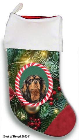 Cavalier King Charles Black/Tan - Best of Breed  Christmas Stocking 13.5"  Red Gaming Cloth with Red Lining ,Plush White Cuff
