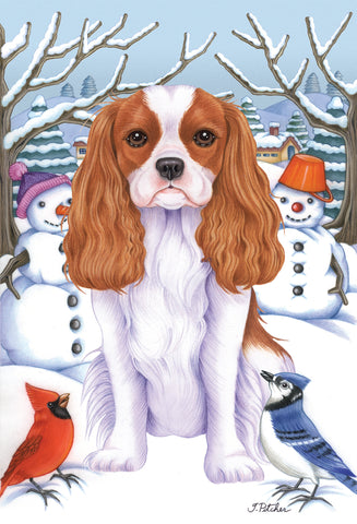 Cavalier King Charles Blenheim - Best of Breed Tomoyo Pitcher Winter Snowman Garden Flag 12" x 17"