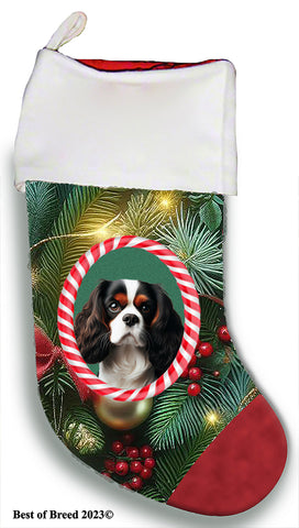 Cavalier King Charles Tri - Best of Breed  Christmas Stocking 13.5"  Red Gaming Cloth with Red Lining ,Plush White Cuff