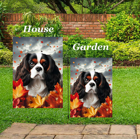 Cavalier King Charles Tri - Best of Breed  Fall Leaves Outdoor House and Garden Flag