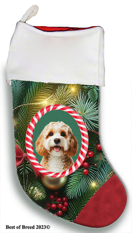 Cavapoo Blonde - Best of Breed  Christmas Stocking 13.5"  Red Gaming Cloth with Red Lining ,Plush White Cuff