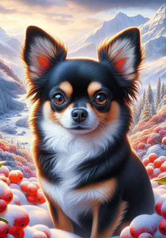 Chihuahua Black and Tan Longhair - Best of Breed DCR Winter Berries Outdoor House and Garden Flag