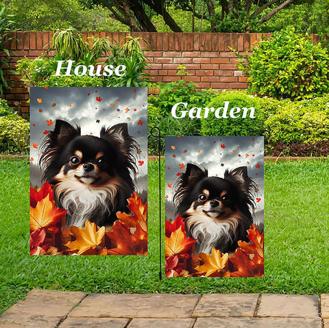 Chihuahua Black Longhaired - Best of Breed  Fall Leaves Outdoor House and Garden Flag