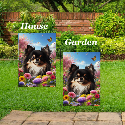 Chihuahua Black Longhaired - Best of Breed  Spring Butterflies Outdoor House and Garden Flag