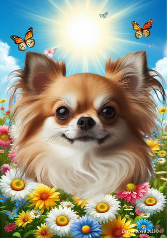 Chihuahua Fawn Longhaired - Best of Breed  Summer Butterflies Outdoor House and Garden Flag