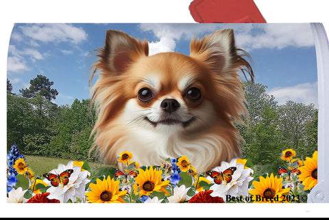 Chihuahua Fawn Longhaired - Best of Breed Summer Flowers Mailbox Cover Hi-Grade Vinyl 6" x 19"