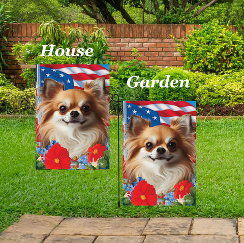 Chihuahua Fawn Longhaired - Best of Breed  Patriotic I All-American Outdoor House and Garden Flag