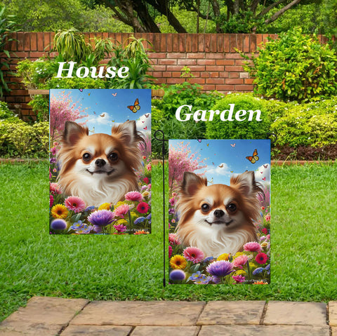 Chihuahua Fawn Longhaired - Best of Breed  Spring Butterflies Outdoor House and Garden Flag