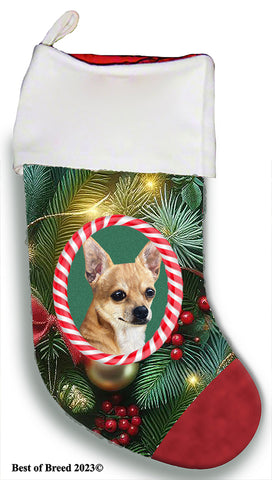 Chihuahua Tan Smooth -  Best of Breed  Christmas Stocking 13.5"  Red Gaming Cloth with Red Lining ,Plush White Cuff