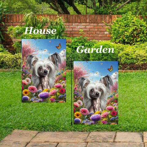 Chinese Crested - Best of Breed  Spring Butterflies Outdoor House and Garden Flag