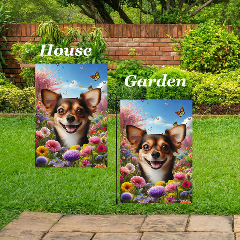 Chiweenie Black/White - Best of Breed  Spring Butterflies Outdoor House and Garden Flag