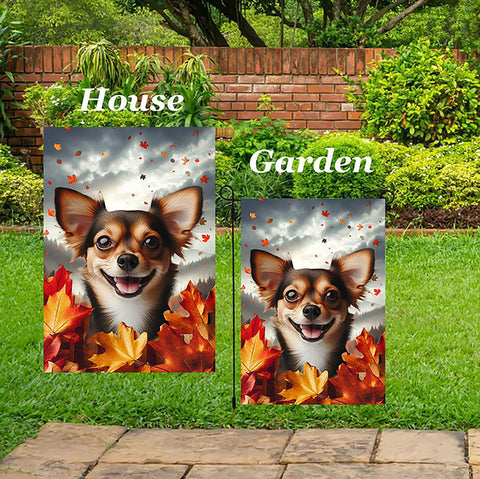 Chiweenie Black/White - Best of Breed  Fall Leaves Outdoor House and Garden Flag