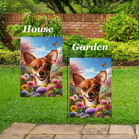 Chiweenie Red/White - Best of Breed  Spring Butterflies Outdoor House and Garden Flag