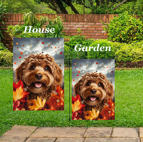 Cockapoo Chocolate - Best of Breed  Fall Leaves Outdoor House and Garden Flag