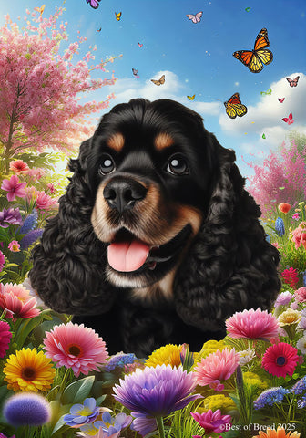 Cocker Spaniel Black/Tan - Best of Breed  Spring Butterflies Outdoor House and Garden Flag