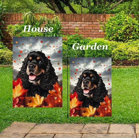 Cocker Spaniel Black/Tan - Best of Breed  Fall Leaves Outdoor House and Garden Flag