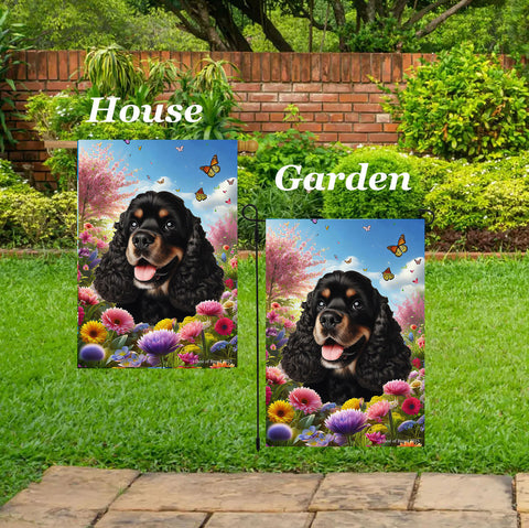 Cocker Spaniel Black/Tan - Best of Breed  Spring Butterflies Outdoor House and Garden Flag