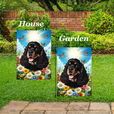 Cocker Spaniel Black/Tan - Best of Breed  Summer Butterflies Outdoor House and Garden Flag