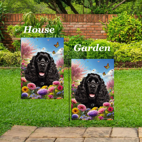 Cocker Spaniel Black - Best of Breed  Spring Butterflies Outdoor House and Garden Flag