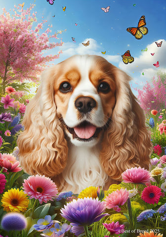 Cocker Spaniel Buff/White - Best of Breed  Spring Butterflies Outdoor House and Garden Flag