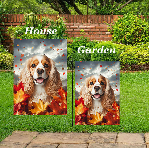Cocker Spaniel Buff/White - Best of Breed  Fall Leaves Outdoor House and Garden Flag